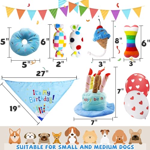 lilfrd Dog Birthday Toy Set, 9Pcs Plush Pet Toy for Small Dogs, Includes Squeaky Cake Hat, Bandana, Dessert Themed Toys, B...