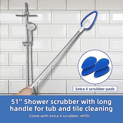 Qaestfy Shower Bathtub Tub Tile Scrubber Cleaning Brush with 51'' Handle, 5 Non-Scratch Scouring Pads, Adjustable Long Han...