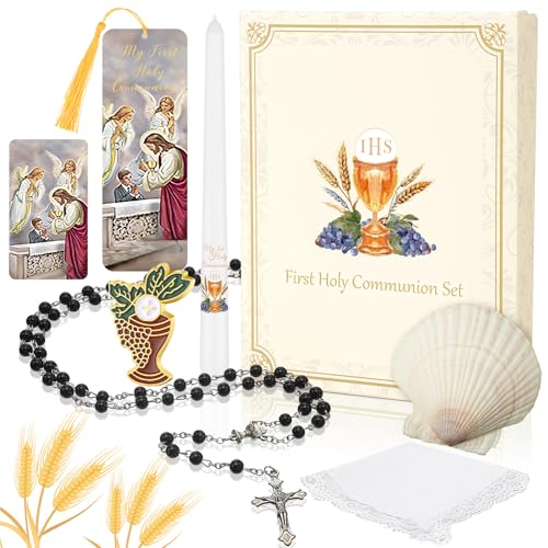 Conelist 7 Pcs First Communion Gift Box Set Catholic Holy 1st Communion Baptism Kit with Candle Rosary Lapel Pin Prayer Ca...