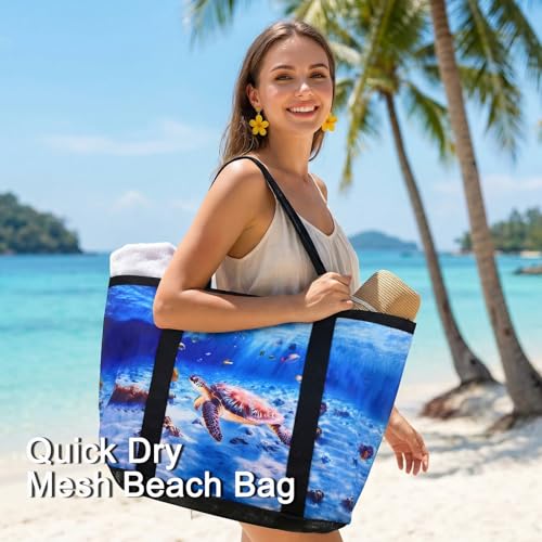 Fomaris Mesh Beach Bag - Large Beach Tote with Zipper Pocket, Toys Pool Bag for Family Travel Vacation Cruise Essentials