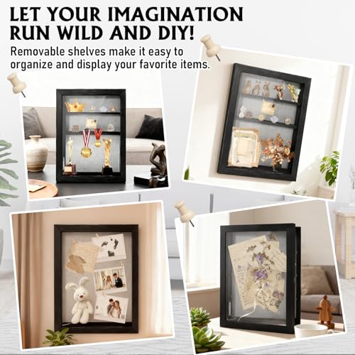 Shadow Box 14x11 Black Picture Frames Display Cases with LED Light,Memory Keepsakes Boxes with 4 Removable Trinket Shelf,f...