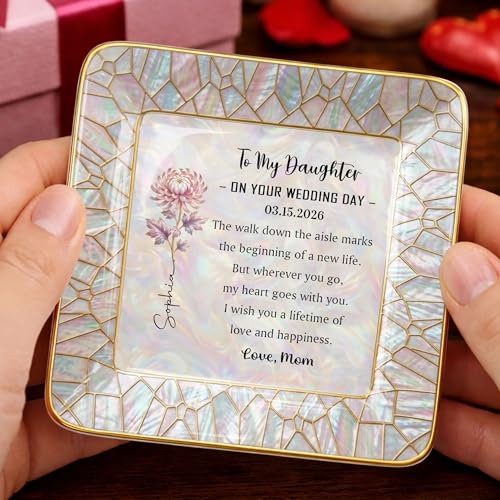 to My Daughter on Your Wedding Day, Personalized Floral Ceramic Jewelry Tray for Daughter from Mom, Custom Birth Flower Tr...