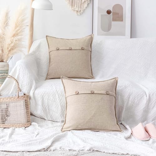 Home Brilliant Decorative Pillow Covers Textured Burlap Button Pillowcases Farmhouse Holiday Lined Linen Cushion Covers fo...