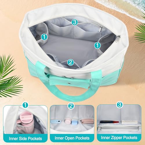 ZENTREON Beach Bags for Women Large Canvas Beach Tote with Zipper Wet Pocket, Waterproof Foldable Swim Pool Travel Tote Bags