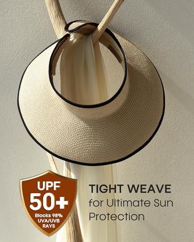 Womens Sun Visor Hats Wide Brim Straw Beach Hat UV Protection Ponytail Packable Beach Vacation Essentials