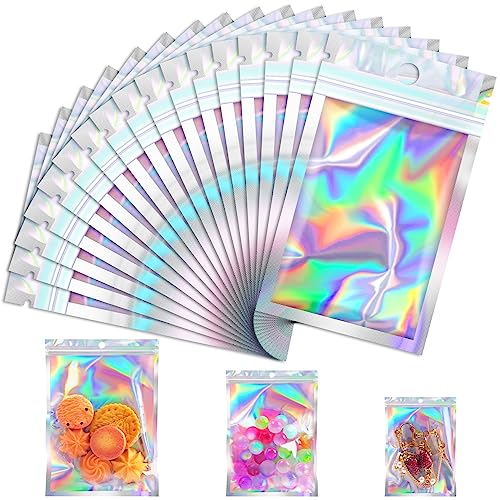 Jetmore 100 Pcs Resealable Mylar Bags, Smell Proof Goodie Bags with Clear Window, Small Holographic Bags for Halloween, Gi...