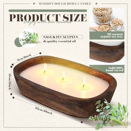 Lounsweer 2 Pack Wood Dough Bowl Candle 10inch Christmas Candle Decorative with Wick Sage and Eucalyptus Scented Candles S...
