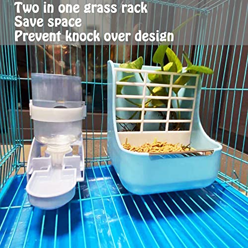 HERCOCCI PET Feeder and Water Bottle Set, Large Blue (500ml), Durable Hay Food Bin Feeder, Food Bowl, Gravity-Fed Water Di...