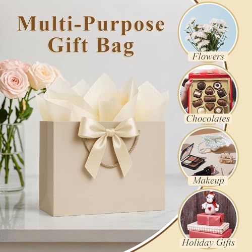 ANZNKU Gift Bags Medium with Handles with Ribbon Card and 2 Tissue Paper, 1 Pcs Cute Champagne Beige Paper Gift Wrap Bag f...