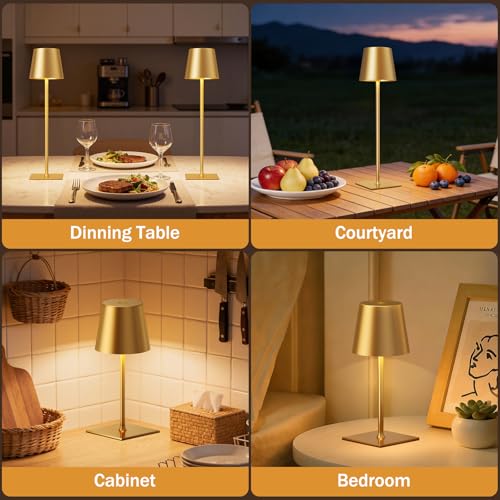 Gold Cordless Rechargeable Table Lamp, 2 Pack Portable Desk Lamp with 5000mAh Battery, Touch Control Stepless Dimming, Wir...
