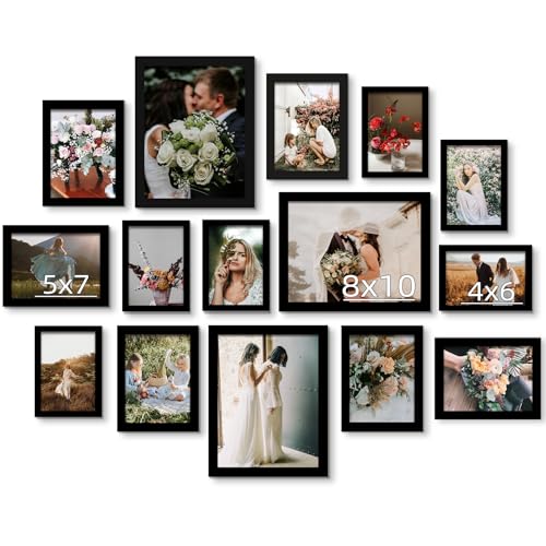 BESCRCL 15 Pack Real Glass Picture Frames Collage Wall Decor, Including 3pcs 8x10, 6pcs 5x7, 6pcs 4x6 Photo Frames for Gal...