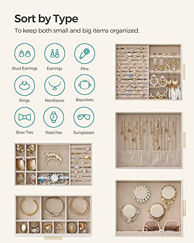 SONGMICS Jewelry Box with Glass Window, 5-Layer Jewelry Organizer with 3 Side Drawers, Jewelry Storage, with Big Mirror, M...