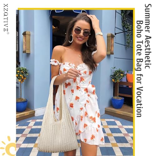 XZQTIVE Crochet Tote Bag for Women Mesh Beach bag for Summer Vacation Aesthetic Hobo Knit Shoulder Bag