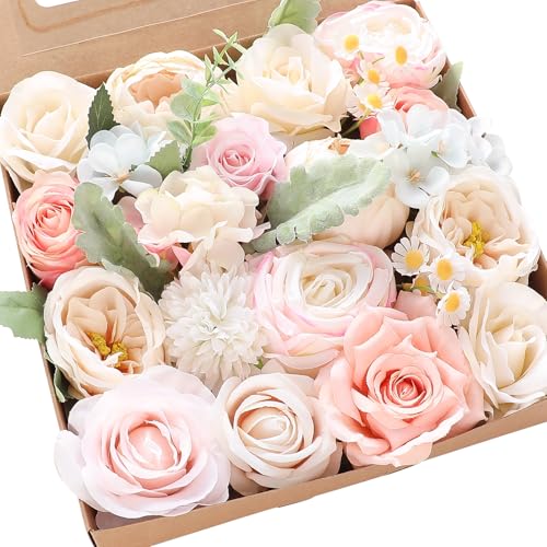 Floroom Blush Cream Artificial Flowers Fake Roses Peonies Dahlia and Greenery Combo Box Set for DIY Wedding Bouquets Brida...