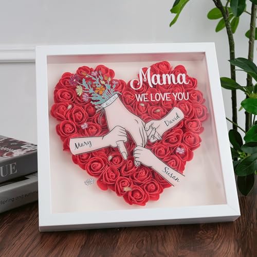 Personalized Mom Flower Shadow Box with Hands & Kids Names, - Customized Rose Frame Gift for Mom Grandma, Unique Mother's ...