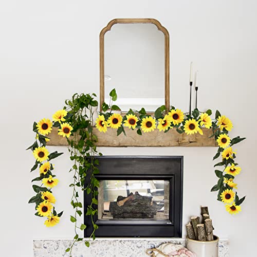 Uieke 3 Pack Artificial Sunflower Garland, 7.5ft/Strand Silk Sunflowers Hanging Vines Flowers with Green Leaves for Room K...