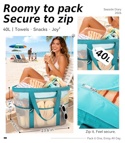 Yeendibo 2026 Chic & Spacious XX-Large Beach Bag for Women — Mesh × Canvas Tote with Top Zipper, 11 Pockets, Detachable Po...