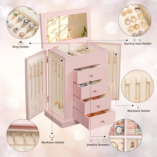 Emfogo Jewelry Boxes for Women, 5-Layer Large Leather Jewelry Organizer Box with Mirror and Drawers, Jewelry Storage for N...