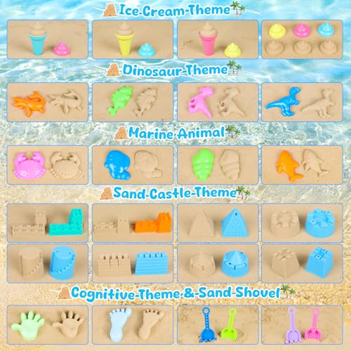 REZUCREY Beach Toys for Kids Toddlers, Sand Castle Toys with 4 Sand Bucket and Shovels, Mesh Bag & Molds, Ice Cream Travel...