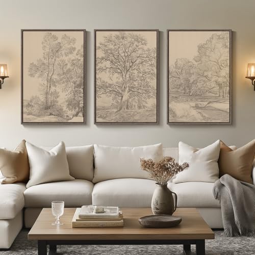 Large Vintage Framed Neutral Landscape Wall Art for Living Rooms, 3 Piece Retro Big Tree Sketch Botanical Forest Antique C...