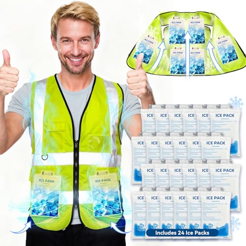 INEFARO Cooling Safety Vest with 24 Ice Packs, High Visibility Reflective Work Vest, 6 Cooling Pockets, Stay Cool for 8-12...
