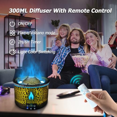 Cechlicht Volcano Diffuser, Essential Oil Diffuser 300ml Volcano Humidifier with Flame & Volcano Mist Mode, 2 Colors, Time...
