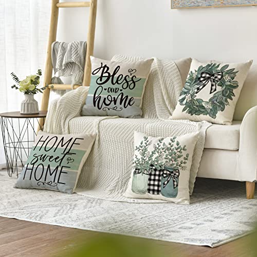 AVOIN colorlife Fall Sweet Home Eucalyptus Lamb Ear Wreath Throw Pillow Covers, 18 x 18 Inch Bless Our Home Buffalo Plaid ...