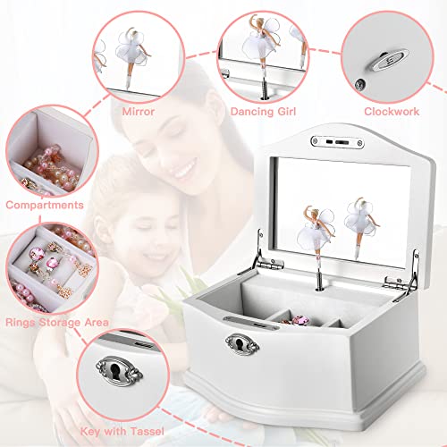Jozen Gift Wooden Ballerina Medium White Musical Jewelry Box with Mirror and Lock for girls，Kid's Jewelry Storage Music Bo...
