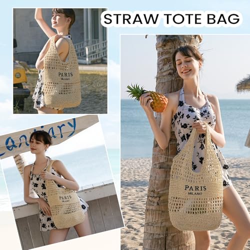 Pleneal Beach Bags for Women - Women Beach Tote Bag, Summer Mesh Hollow Straw Tote Bag for Holiday Market