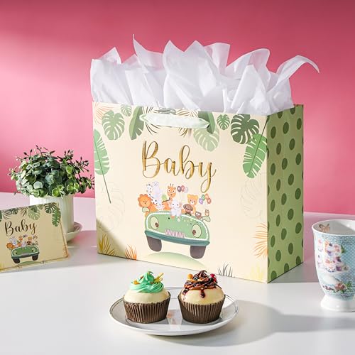 Bobobag 13" Sage green Gift Bag for Baby shower,Newborn gift bag with Tissue Paper and Greeting Card.