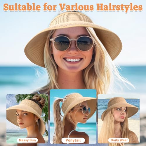 JYxingchi Sun Visor Hats for Women Straw Wide Brim Ponytail Beach Hat Packable Foldable UV Protection Travel Hats