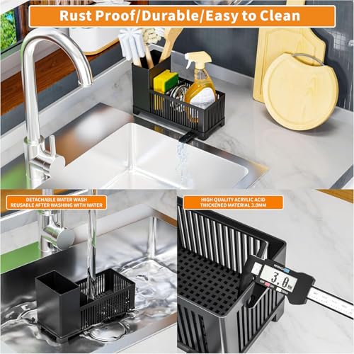 Sink Caddy & Kitchen Sink Organizer,Black Sponge Holder with High Scrub Brush Holder,Plastic Kitchen Countertop Organizer,...