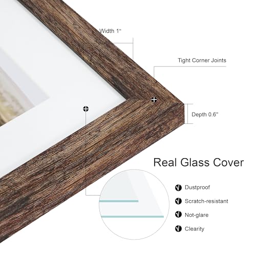 Hongkee 11x14 Picture Frame Set of 2, Rustic Brown Wood Frame with Real Glass Collage Picture Frames, Display Pictures Fiv...