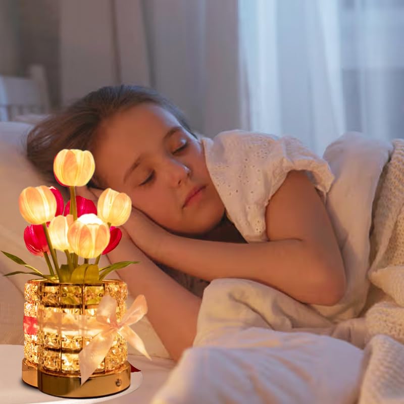 TXGZYBhg Tulip Flower Planet Lamp with Remote Control, Rechargeable Cordless Touch Dimming Artificial Flower Desk Lamp, LE...