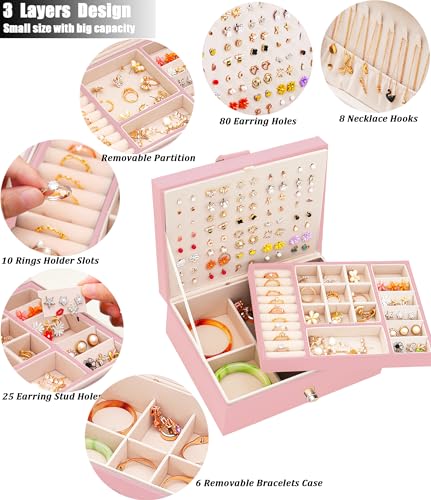QBestry Girls Jewelry Box Earring Holder Organizer for Girls Earring Organizer Teen Jewelry Box Organizer for Girl Pink je...