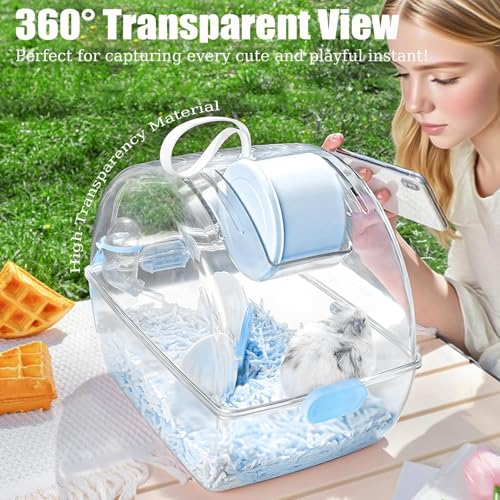 Small Portable Hamster Cages,Big Size(13×8.2×10.8'') Hamster Carrier with Water Bottle,Dwarf Hamster Travel Cage with Stor...