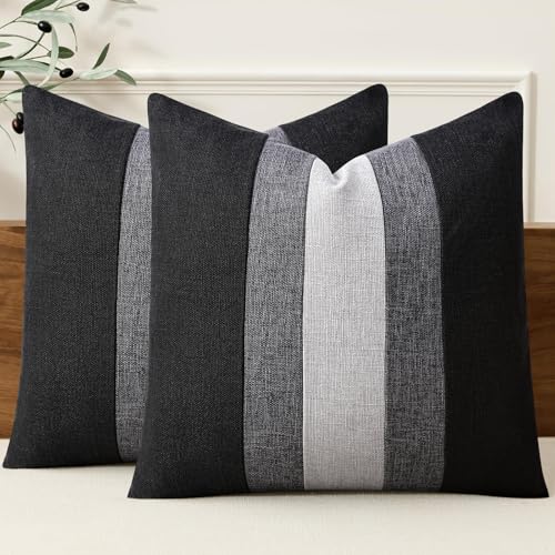 Adabana Modern Pillow Covers 18x18 Set of 2 Farmhouse Decor Patchwork Linen Cushion Covers for Couch Living Room Bed Black...