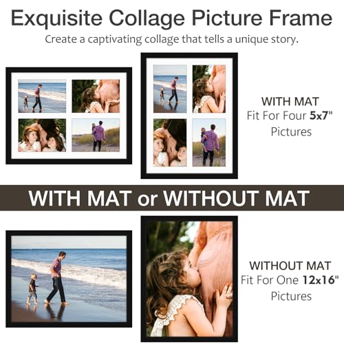 Golden State Art, 12x16 Black Wood Collage Picture Frame - Picture Frame with White Mat Displays Four 5x7 Photos - Collage...