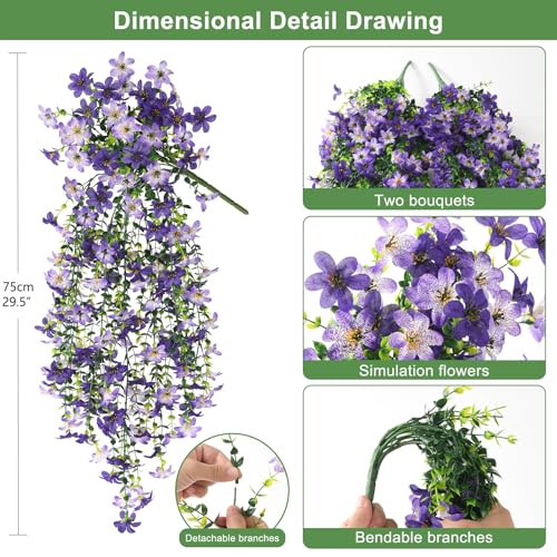 Artificial Fake Hanging Flowers Plants for Outdoor Spring Summer Decoration,2 PCS Faux Silk Daisy with Eucalyptus Leaves,U...