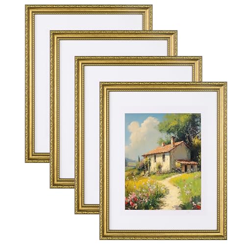 eletecpro 11x14 Picture Frames Set of 4, Vintage Photo Frame with Glass Cover, Gold Frames 11 x 14 Display 8x10 Photo with...