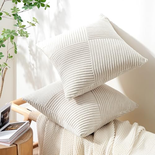 Topfinel Cream White Decorative Neutral Throw Pillow Covers 18x18 Inch for Couch Sofa Bed, Soft Corduroy Striped Patchwork...
