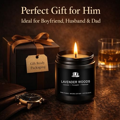 Candles for Men Gift Set, 4 Pack Masculine Scented Soy Candles for Men, Leather, Smoke, Oak & Lavender Scents, Aromatherap...