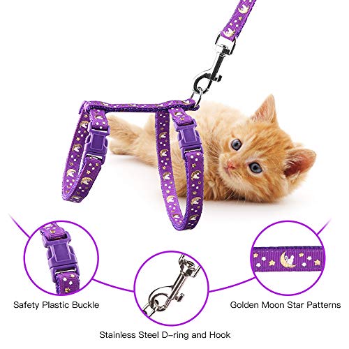 Cat Harness and Leash Set Gold Moons Soft Nylon Escape Proof Adjustable for Kittens Small Animals Glow in The Dark(Purple)