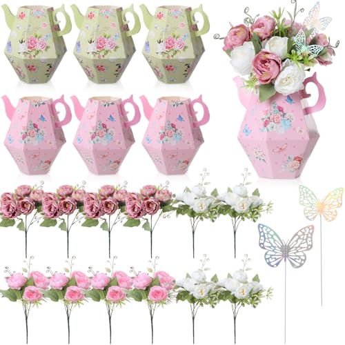 Daifunli 6 Sets Tea Party Princess Decorations Flower Boxes Afternoon Teapot Centerpieces for Table Teapot Vase Table Deco...