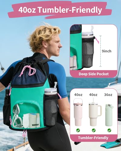 WANDF Swim Bag with Wet Pockets, Sandproof Beach Backpack with 40oz Tumbler Side Pockets, Mesh Drawstring Backpack Swim Ba...