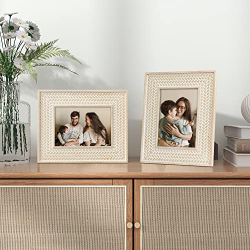 takfot 5x7 Boho Picture Frames 2 Pack Bohemian Rattan Decor Farmhouse Rustic Picture Frame Wood Photo Frames Living Room B...