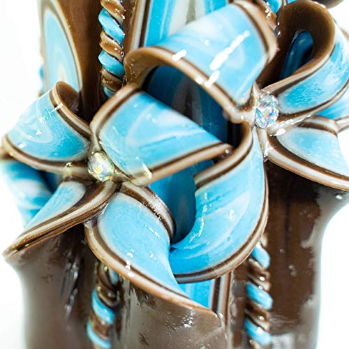 Carved Candle Artisan Handmade Decorative Dipped Candle “Blue Flowers” 8 inch Brown Blue Fall Thanksgiving New Year Christ...