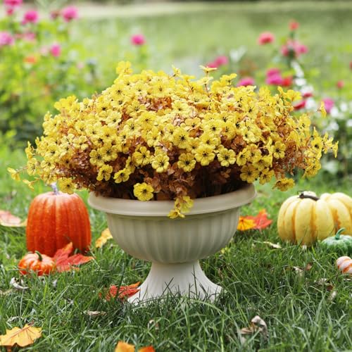 katflyee 12 Bundles Artificial Mums for Outdoors, Fall Fake Flowers Outside UV Resistant, Faux Fall Mums Flowers for Outdo...