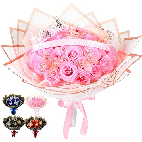 Thiccywoov 24 Pcs Glitter Roses Bouquet Artificial Rose DIY Flower Bouquet Kit Flower Wrapping Paper 3D Butterflies Crowns...