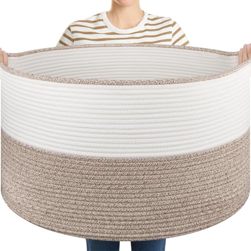OIASKET Large Blanket Basket with Handles, 22.8" x 22.8" x 13" Woven Storage Basket for Living Room, Cotton Rope Baby Toy ...